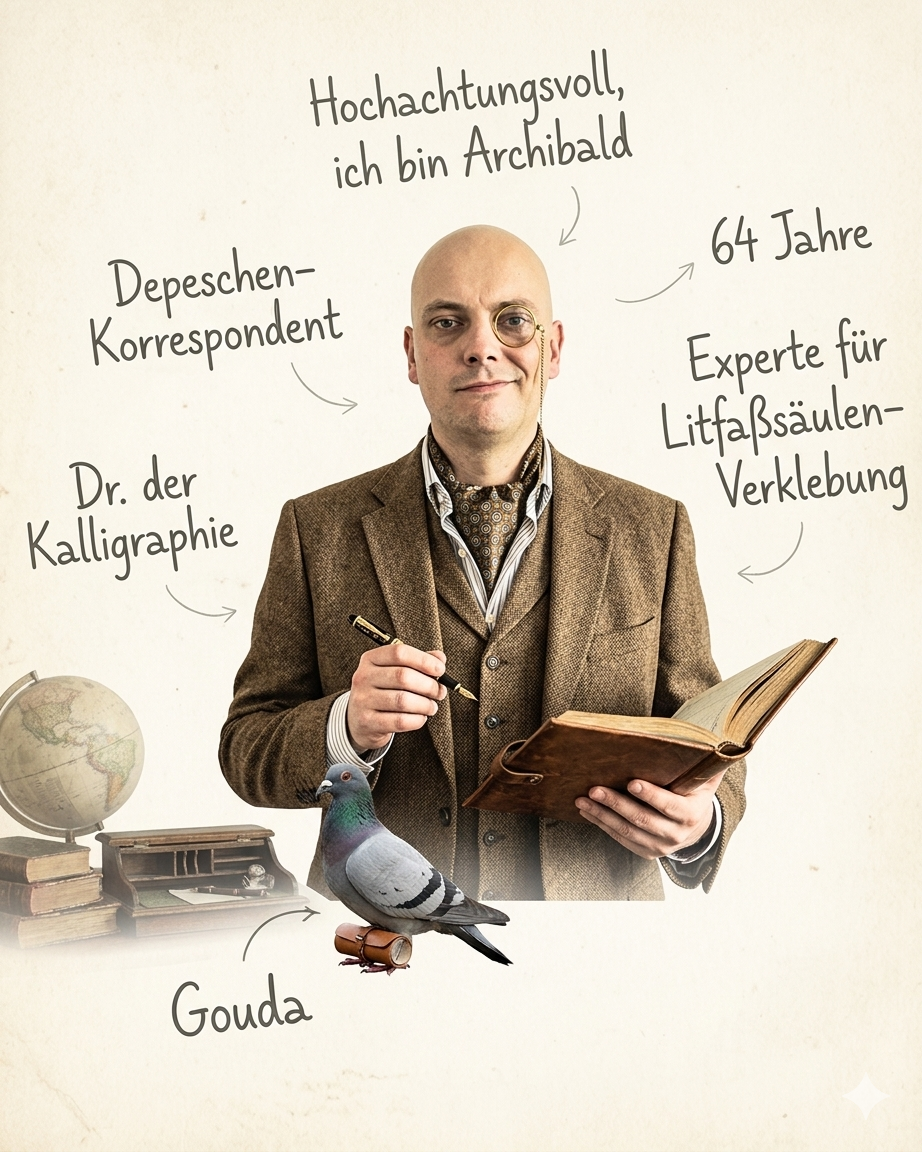 Archibald mit Monokel und Brieftaube